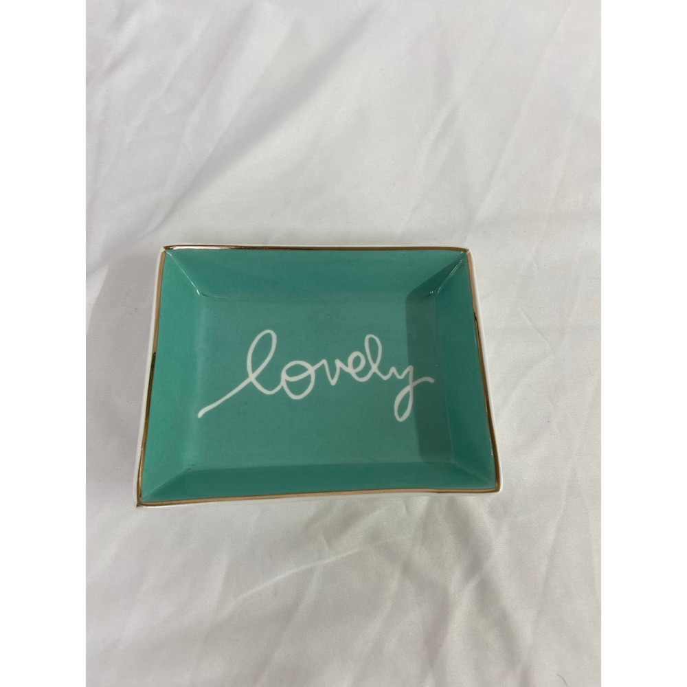 EUC‎ J. Crew turquoise cursive gold rim rectangle jewelry dish decor glassware